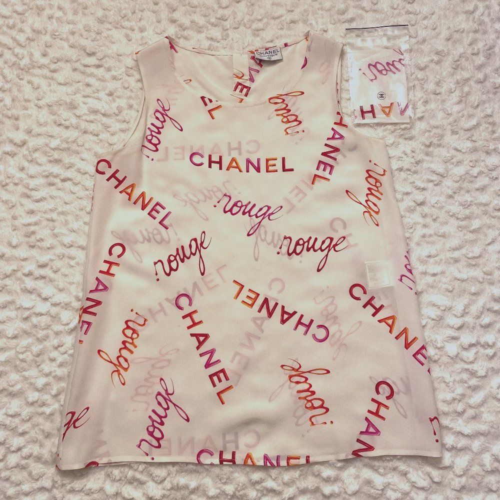 CHANEL Vintage Logo Rouge Print Silk Tank Top